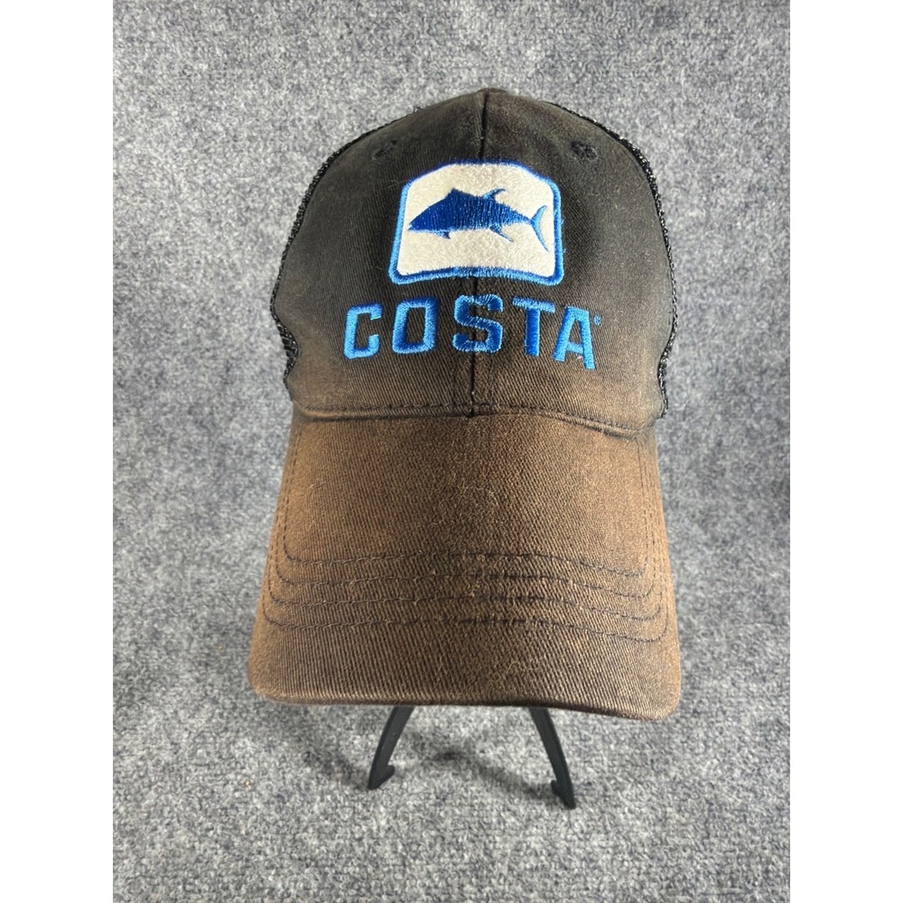 Costa Del Mar Mens Trucker Hat Brown Black Mesh Snapback Marlin Logo Fishing Cap